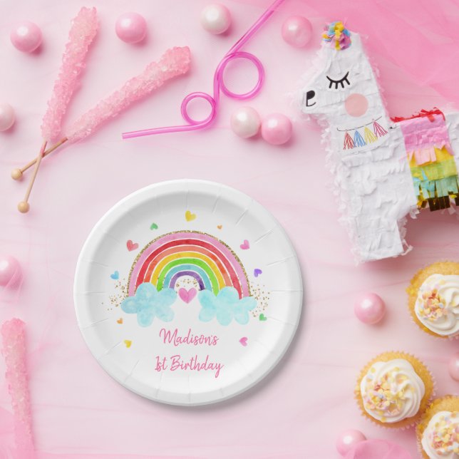 Rainbow Cloud Hearts Pink Gold Birthday Paper Plates (Party)