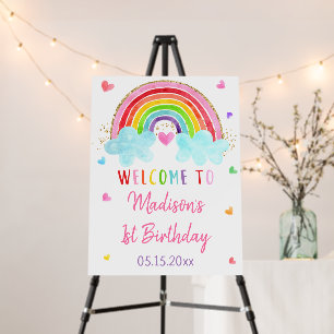 Rainbow Cloud Hearts Pink Gold Birthday Welcome Foam Board