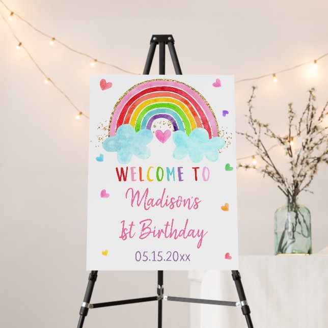 Rainbow Cloud Hearts Pink Gold Birthday Welcome Foam Board (In Situ (Stand))