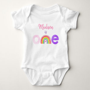 Rainbow Cloud Hearts Pink Gold First Birthday Baby Bodysuit