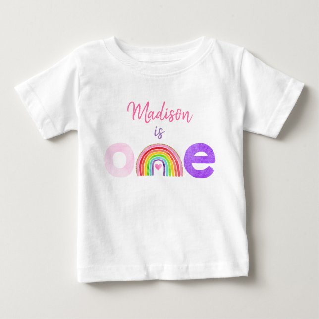Rainbow Cloud Hearts Pink Gold First Birthday Baby T-Shirt (Front)
