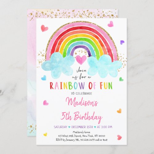 Rainbow Cloud Hearts Watercolor Birthday Invitation