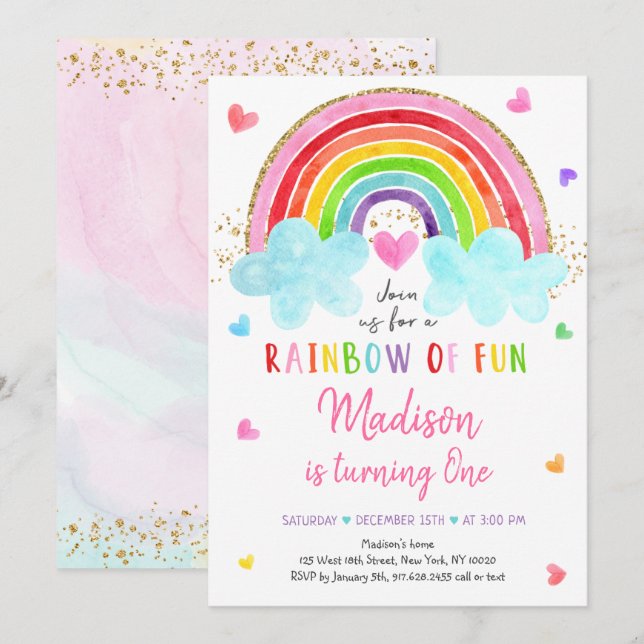Rainbow Cloud Hearts Watercolor Birthday Invitation (Front/Back)