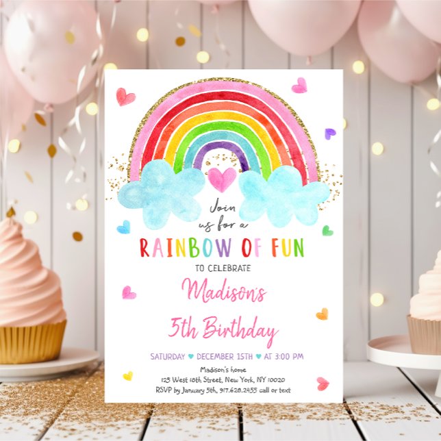 Rainbow Cloud Hearts Watercolor Birthday Invitation (Creator Uploaded)
