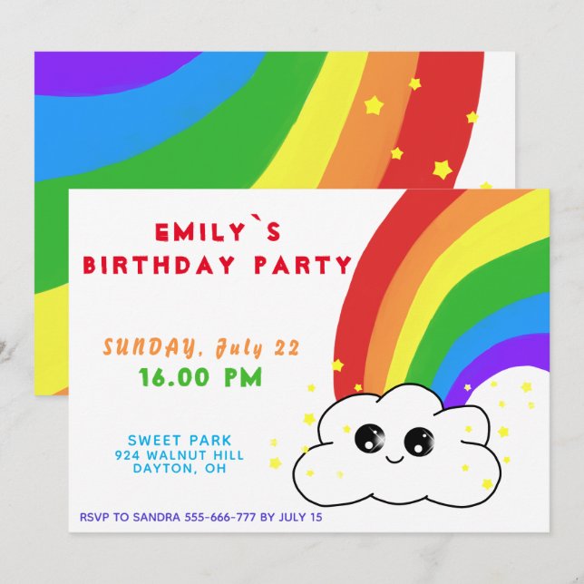 Rainbow Cloud Kawai Birthday Party Invitation (Front/Back)