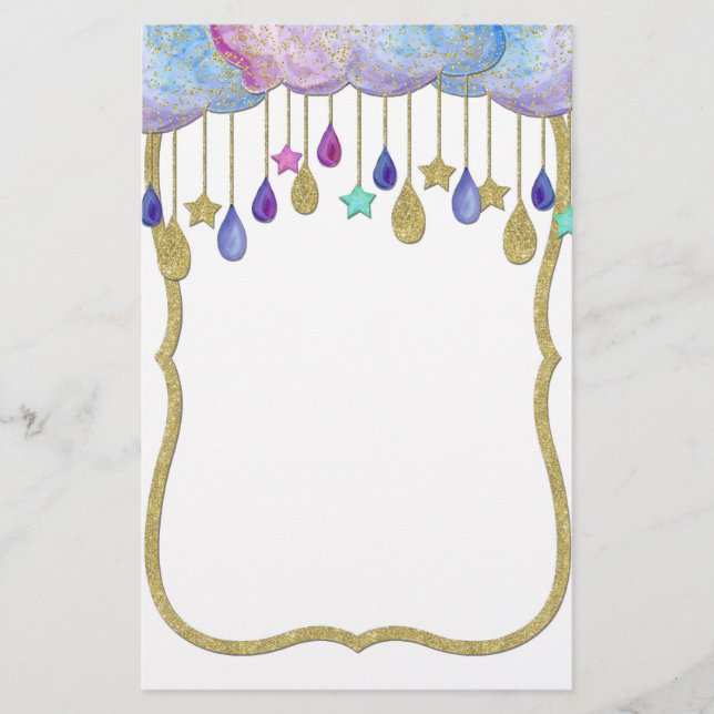 Rainbow Cloud Stars Dangling Gold Glitter Baby Stationery (Front)
