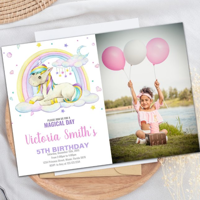 Rainbow Cloud Unicorn Birthday Invitation (Rainbow Cloud Unicorn Birthday Invitations w photo)