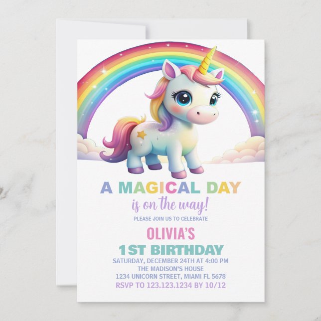Rainbow Cloud Unicorn Birthday Invitations (Front)