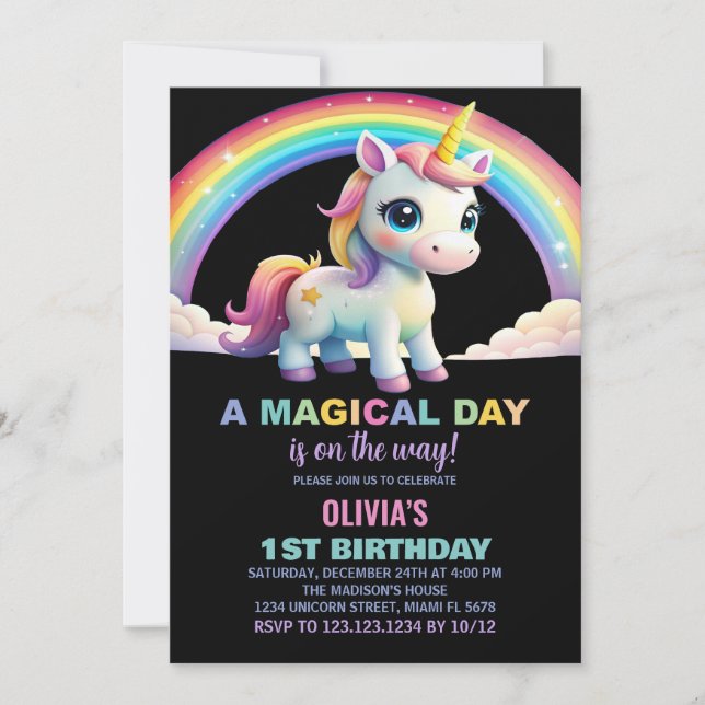 Rainbow Cloud Unicorn Birthday Invitations (Front)