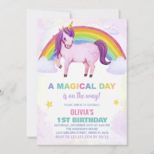 Rainbow Cloud Unicorn Birthday Invitations