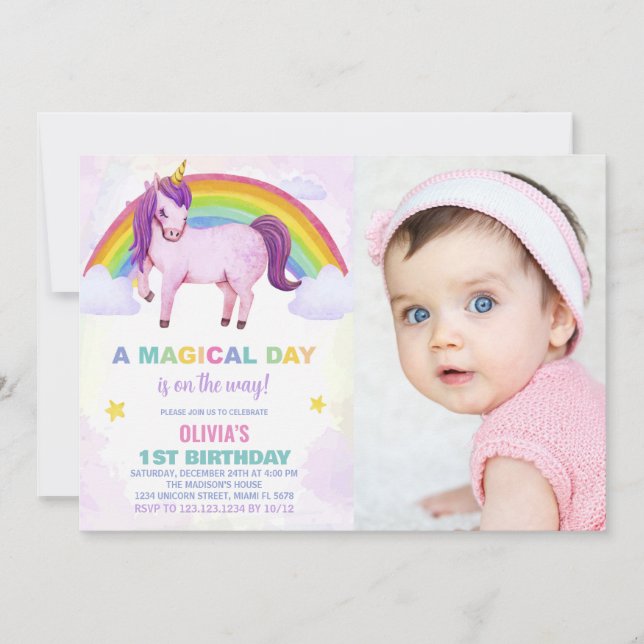 Rainbow Cloud Unicorn Birthday Invitations photo (Front)