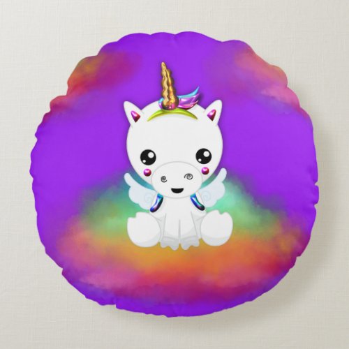 Rainbow  Cloud Unicorn on Purple Round Pillow