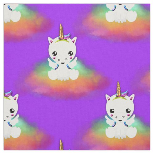 Rainbow Cloud Unicorns on Purple Fabric