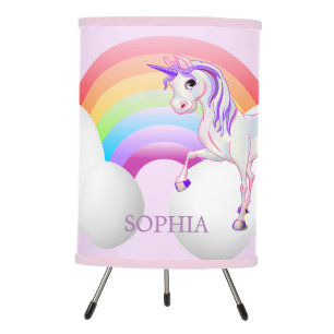 Rainbow Clouds and a Magical  Unicorn Purple Girly Tripod Lamp