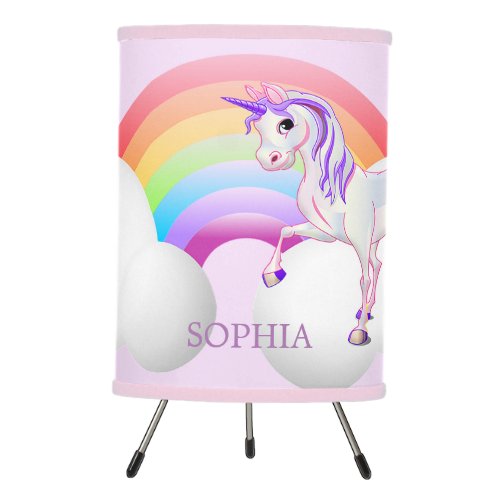 Rainbow Clouds and a Magical  Unicorn Purple Girly Tripod Lamp