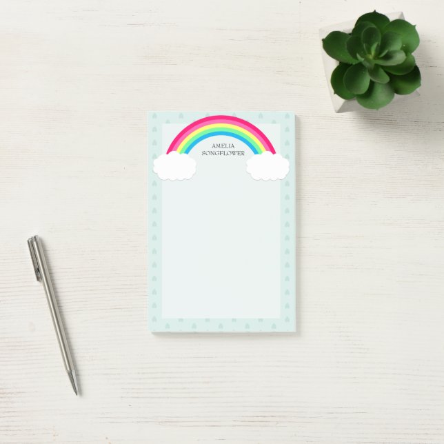 Rainbow Clouds and Heart Raindrops Personalized Post-it Notes (Office)