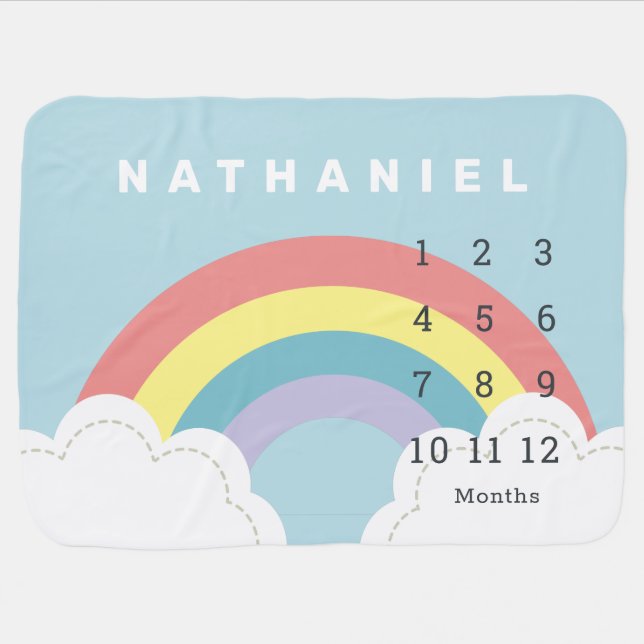 Rainbow & Clouds Blue Sky Monthly Milestone Baby Blanket (Horizontal)