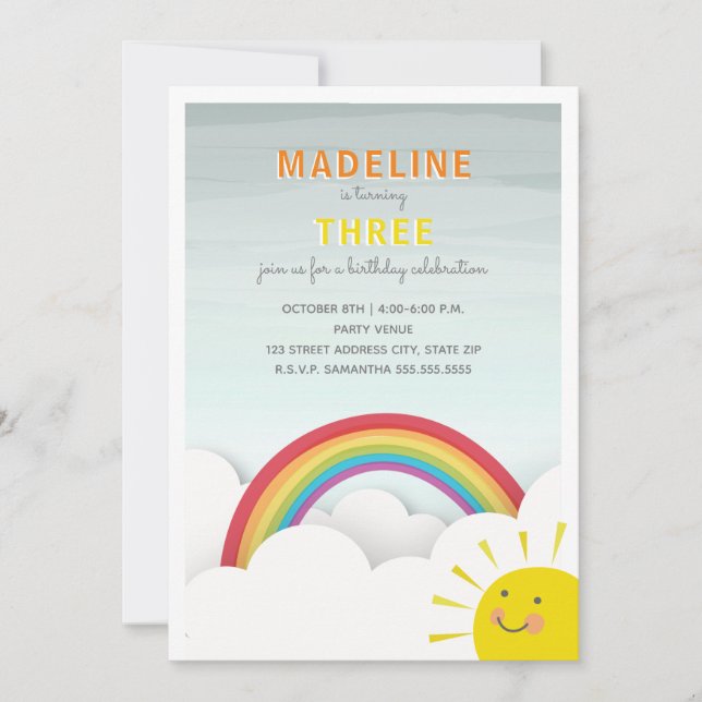 Rainbow Clouds Blue Sky Sunshine Birthday Party Invitation (Front)
