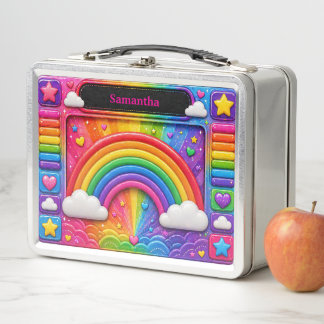 Rainbow Clouds Colorful Sky Pattern Name Metal Lunch Box