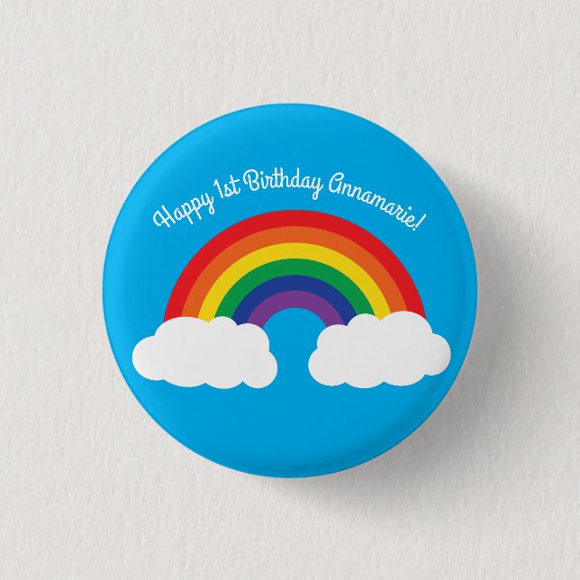 Rainbow & Clouds Cute 1st Birthday Party Button (Front)