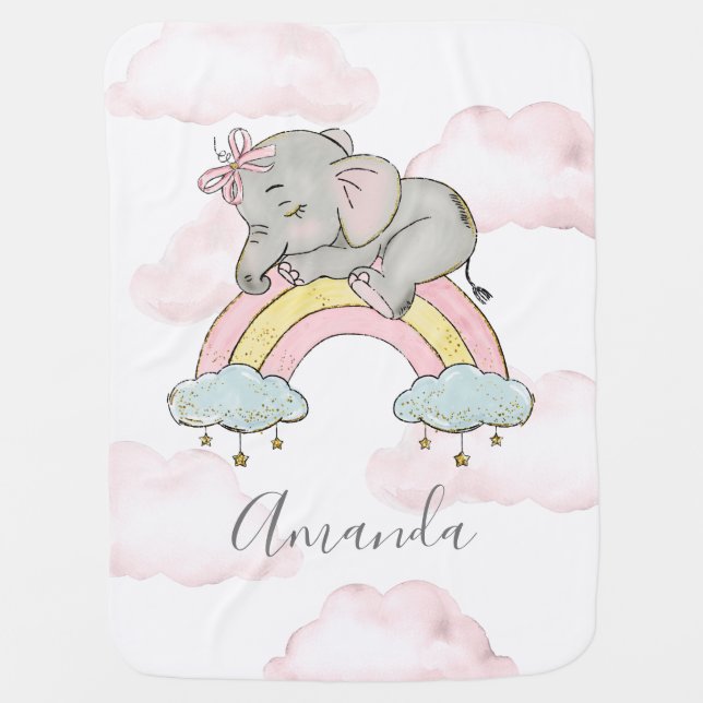 Rainbow & Clouds Elephant Watercolor Little Girl Baby Blanket (Front)