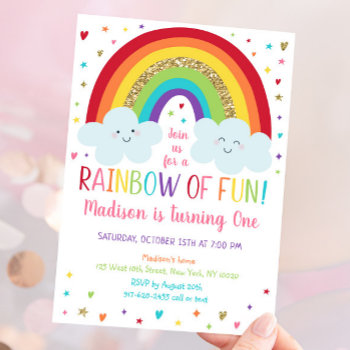 Rainbow Clouds First Birthday Invitation by LittlePrintsParties at Zazzle