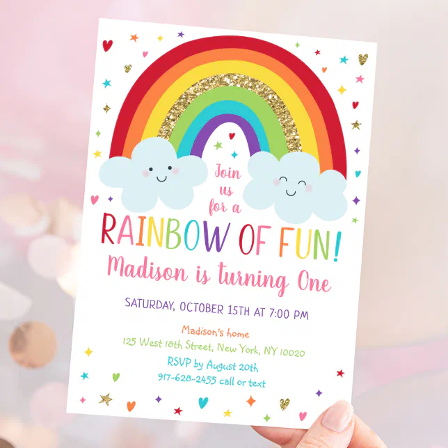 Rainbow Clouds First Birthday Invitation Zazzle