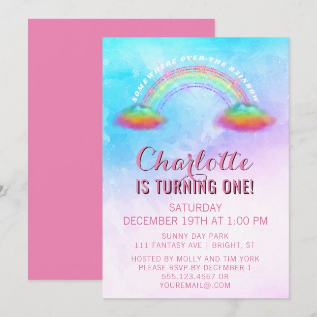 Rainbow Clouds Girls 1st Birthday Party Invitation (Front/Back)