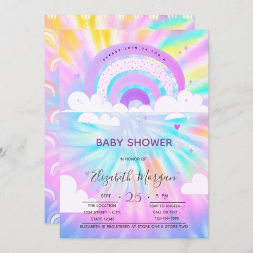Rainbow Clouds Hearts Tie Dye Baby Shower Invitation