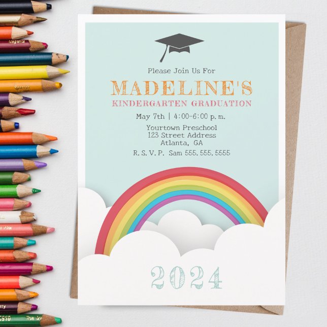 Rainbow Clouds Kids Kindergarten Graduation Invitation (Creator Uploaded)