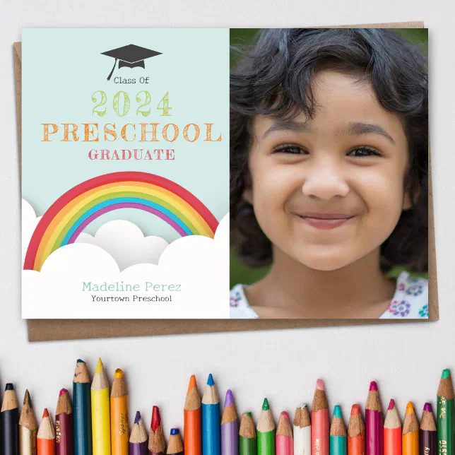 Rainbow Clouds Kids Preschool Graduation Photo Invitation | Zazzle