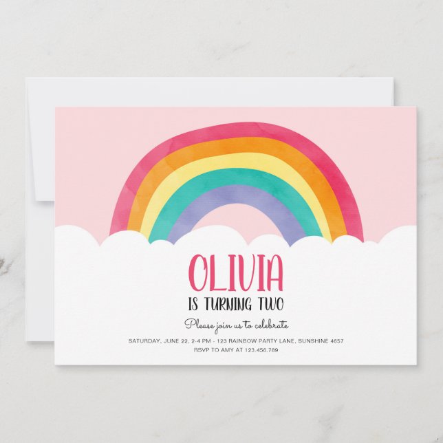 Rainbow Clouds Pink Girl Fun Birthday Invitation (Front)
