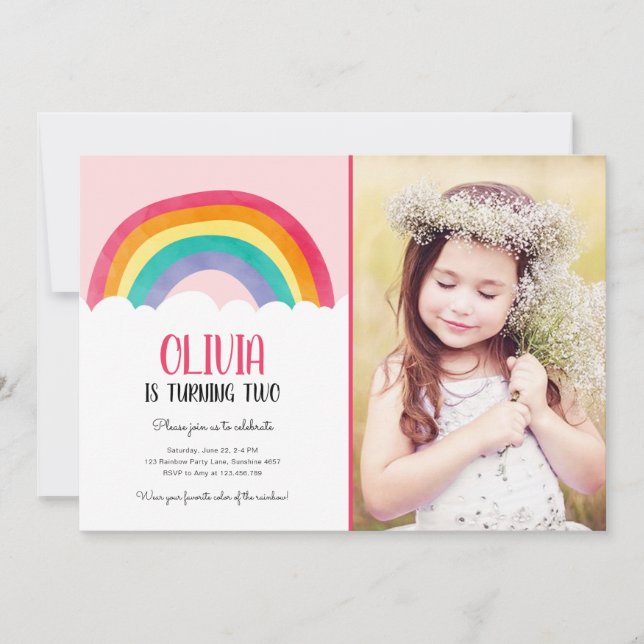 Rainbow Clouds Pink Girl Fun Birthday Invitation (Front)