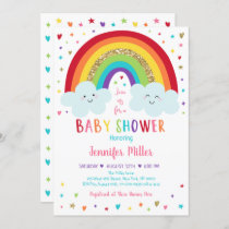 Rainbow Clouds Pink Gold Baby Shower Invitation