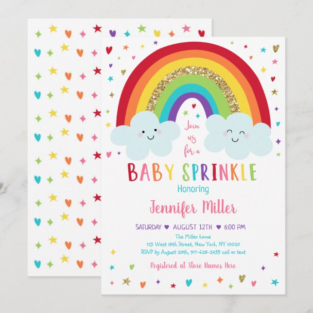 Rainbow Clouds Pink Gold Baby Sprinkle Invitation (Front/Back)