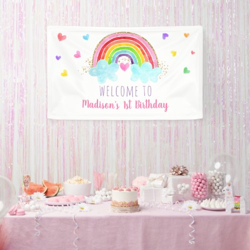 Rainbow Clouds Pink Gold Birthday Banner