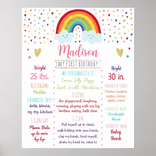 Rainbow Clouds Pink Gold First Birthday Milestone Poster
