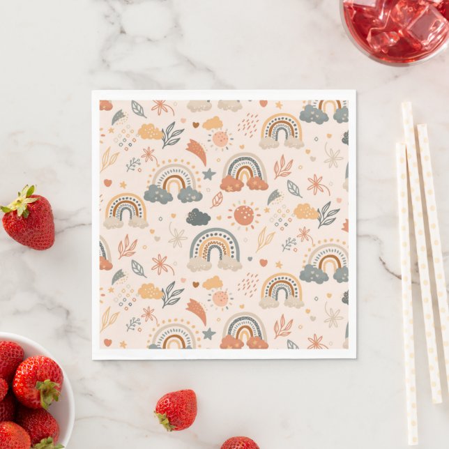 Rainbow Clouds Sun Pattern, Earth Tones Napkins (Insitu)