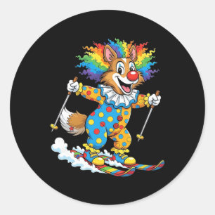 Rainbow Clown Dog Skiing Puppy Winter Carnival  Classic Round Sticker