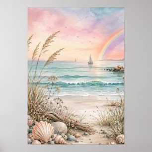 Rainbow Coast Serenity – Pastel Seascape Poster
