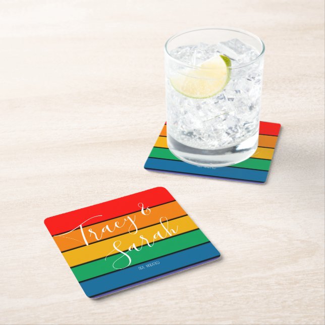 Rainbow Color block Stripes Square Paper Coaster (Insitu)