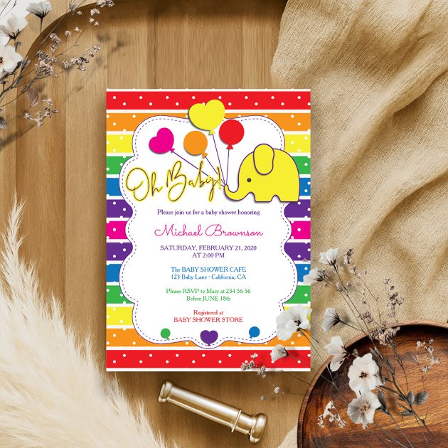 Rainbow Color Elephant Oh Baby Shower Invitation