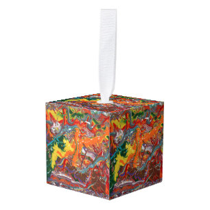 Rainbow Color Flow Paint Art Cube Ornament
