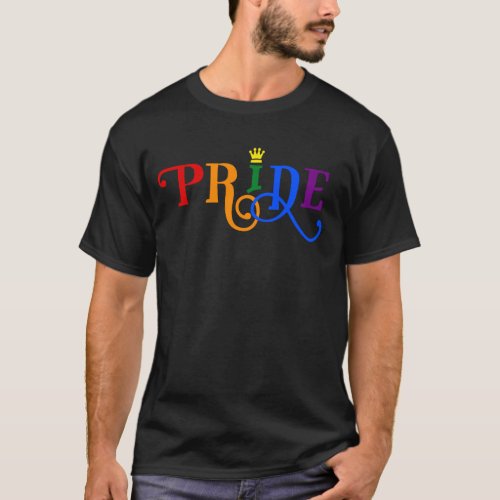 Rainbow Color Gay Pride LGBT Crown Logo On Black T_Shirt