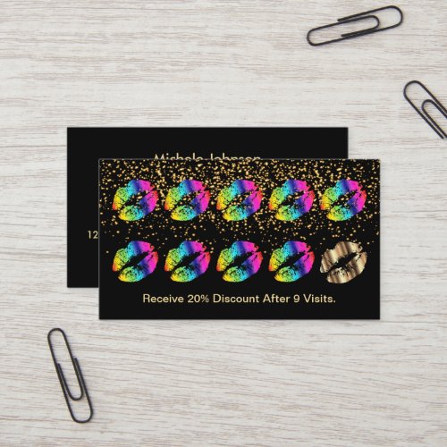 Rainbow Color Lips and Gold Confetti Business Card