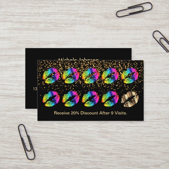 Rainbow Color Lips and Gold Confetti Business Card (Front/Back In Situ)