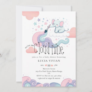 Rainbow Color On Cloud 9 Elephant Girl Baby Shower Invitation