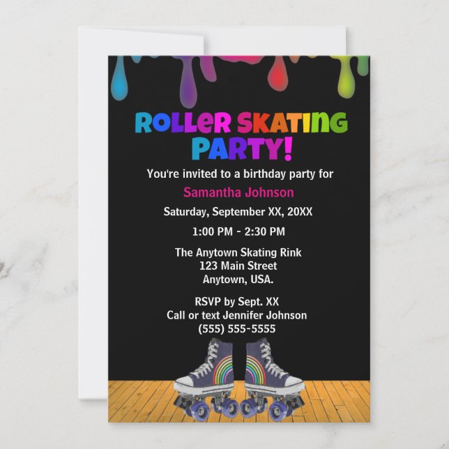 Rainbow Color Paint Drip Roller Skating Birthday Invitation (Front)