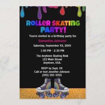 Rainbow Color Paint Drip Roller Skating Birthday Invitation by csinvitations at Zazzle