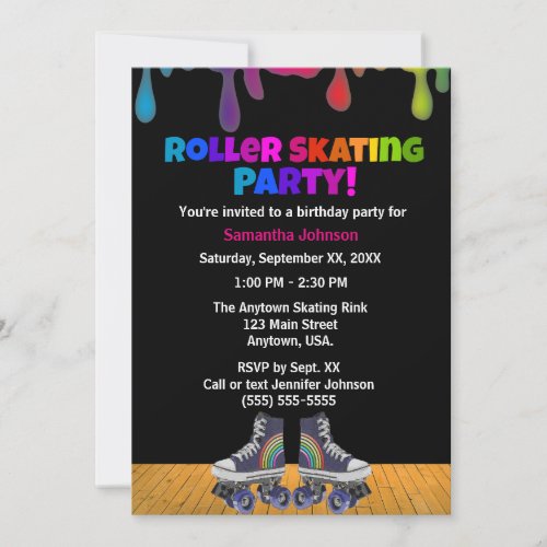 Rainbow Color Paint Drip Roller Skating Birthday Invitation
